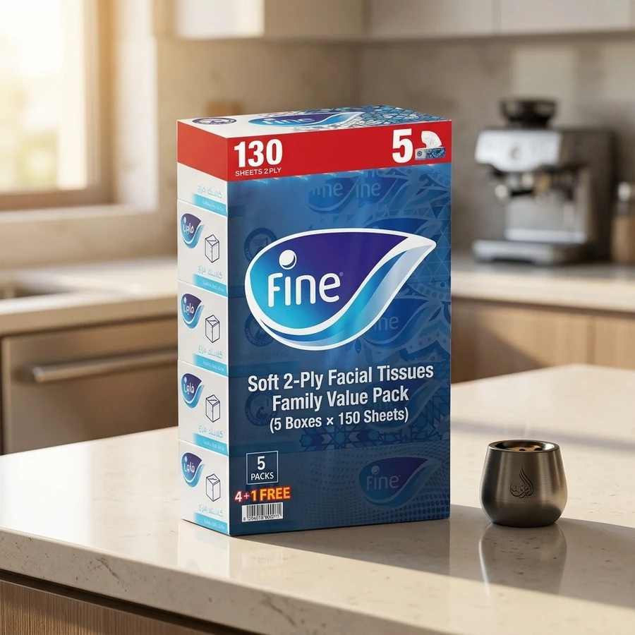 Soft 2-Ply Facial Tissues Family Value Pack (5 Boxes × 150 Sheets) — Fine available in UAE on 9thCart