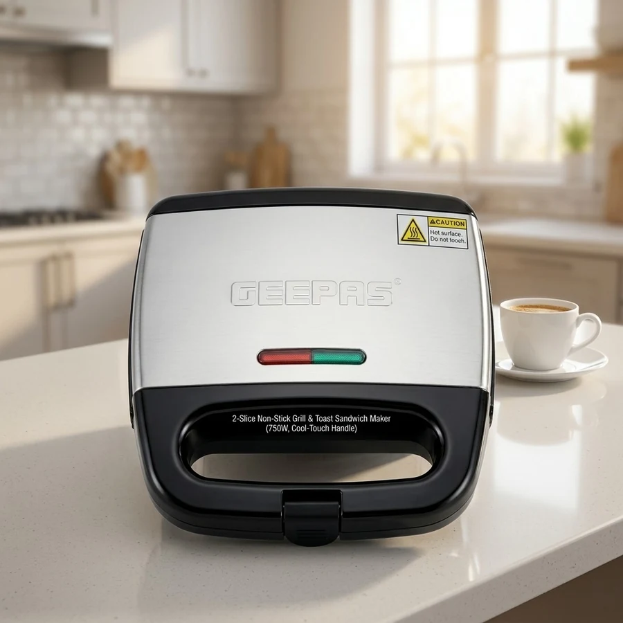 2-Slice Non-Stick Grill & Toast Sandwich Maker (750W, Cool-Touch Handle) — Geepas available in UAE on 9thCart